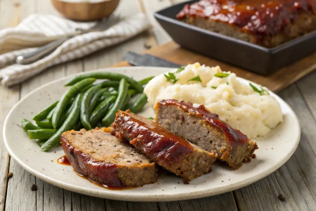 Juicy slices of BBQ meatloaf plated with mashed potatoes and green beans on a rustic table.