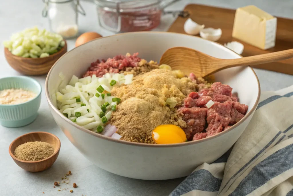 mixing ground beef, breadcrumbs, eggs, and onions in a large bowl for BBQ meatloaf.