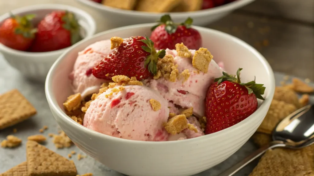 Strawberry cheesecake ice cream with fresh strawberries